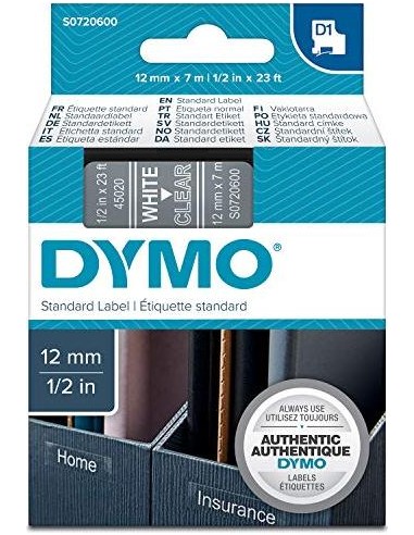 Dymo D1 Schriftband 12 mm x 7 m white / transparent       45020